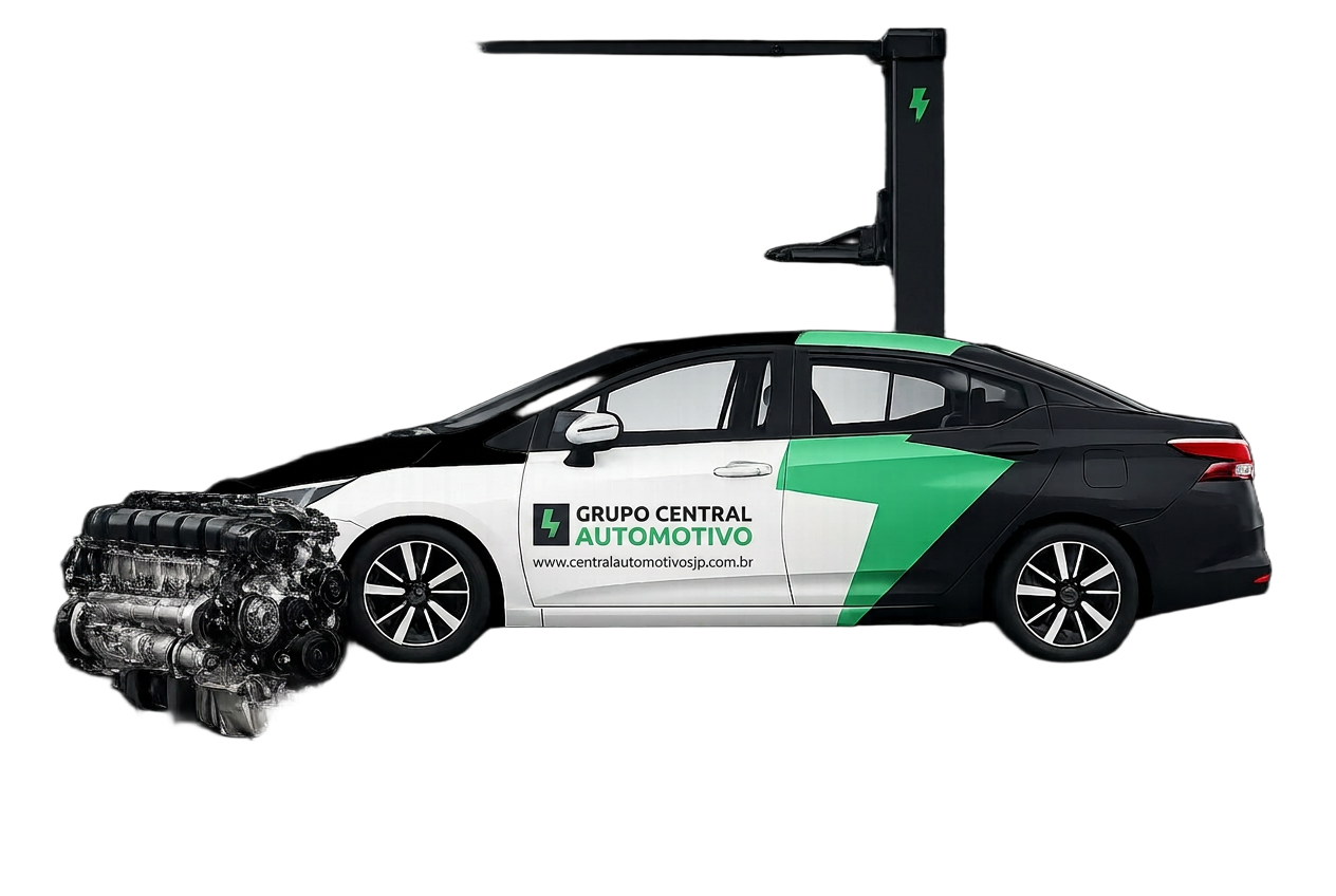 Grupo Central Automotivo — carro no elevador e motor em manutenção